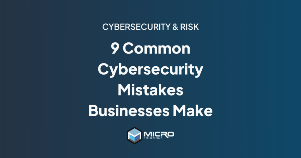 Business cybersecurity graphic showing common gaps in passwords, MFA, updates, backups, remote access, and monitoring